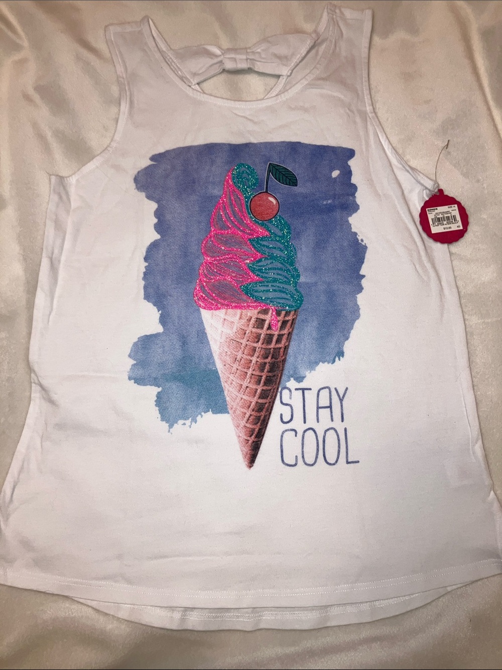 NWT SO White Kids Tank Top w bow back Ice cream motifs girls 14